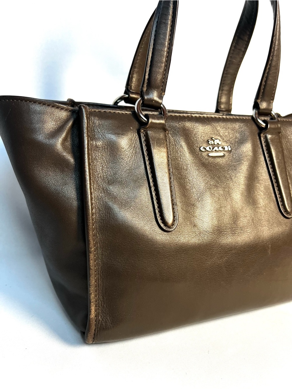 Coach Dark Taupe Small Leather Tote Satchel Bag Silver Hardware - Picture 2 of 14